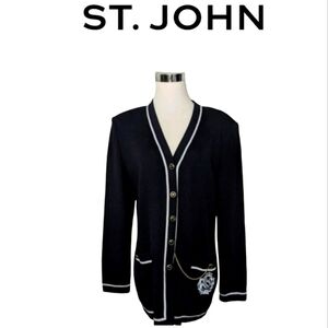 Vintage St.John Collections Santana Knit Embroidered Crest  Cardigan Sweater 10